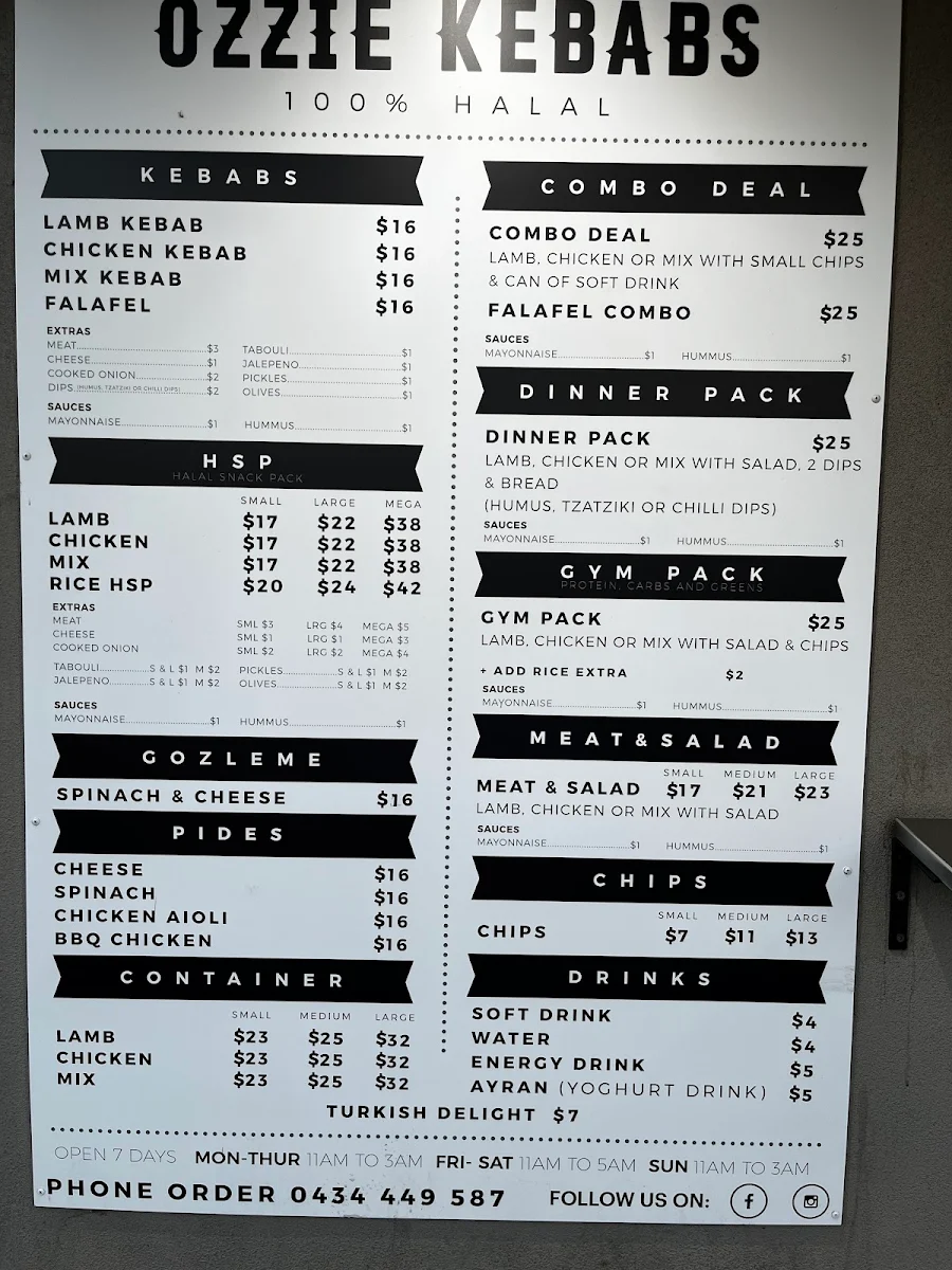 Menu, Ozzie Kebabs