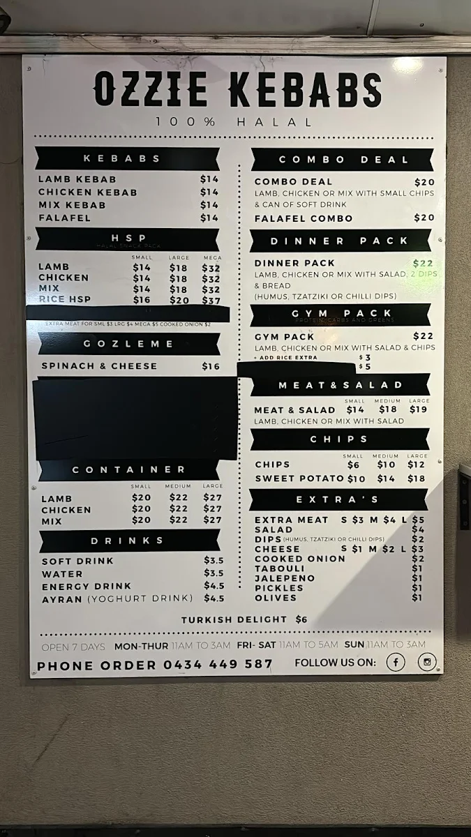 Menu, Ozzie Kebabs