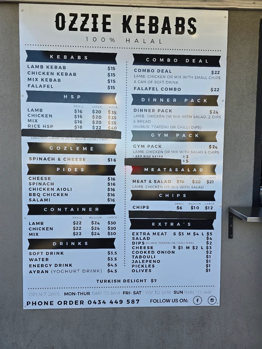 Menu, Ozzie Kebabs