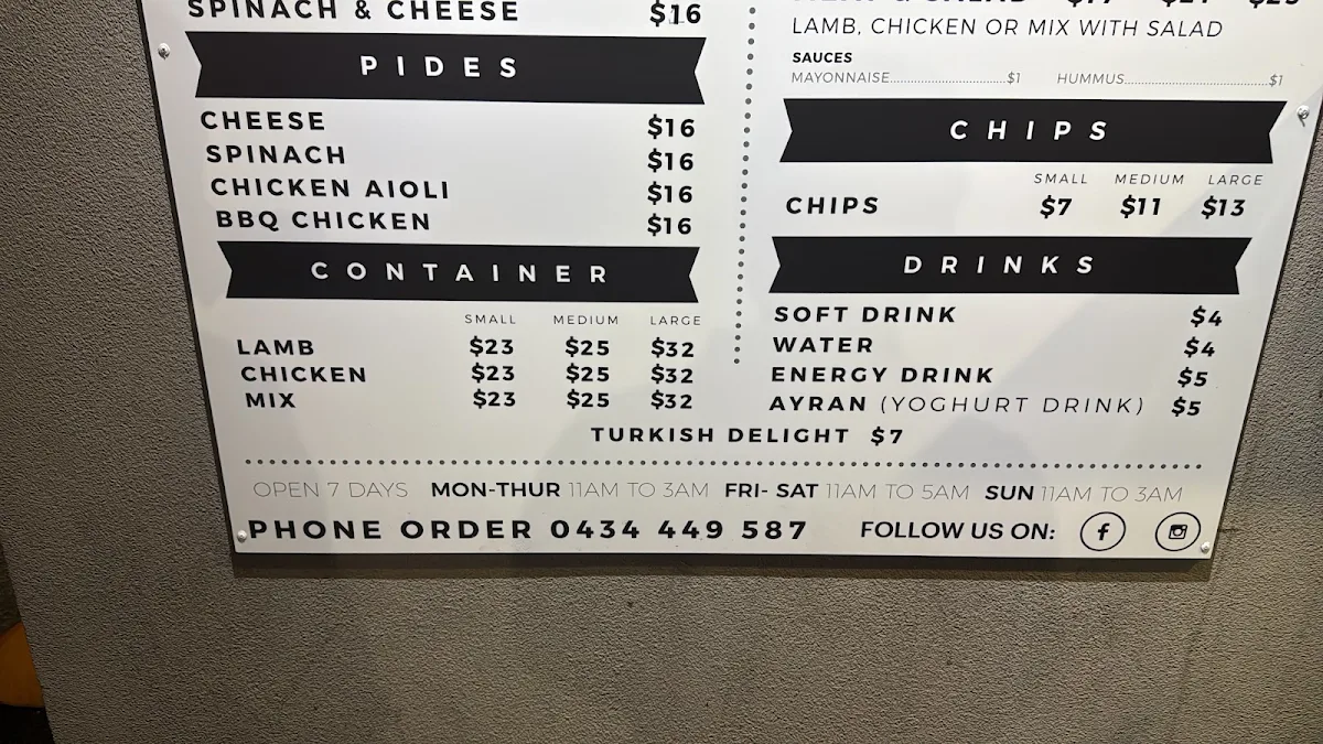 Menu, Ozzie Kebabs