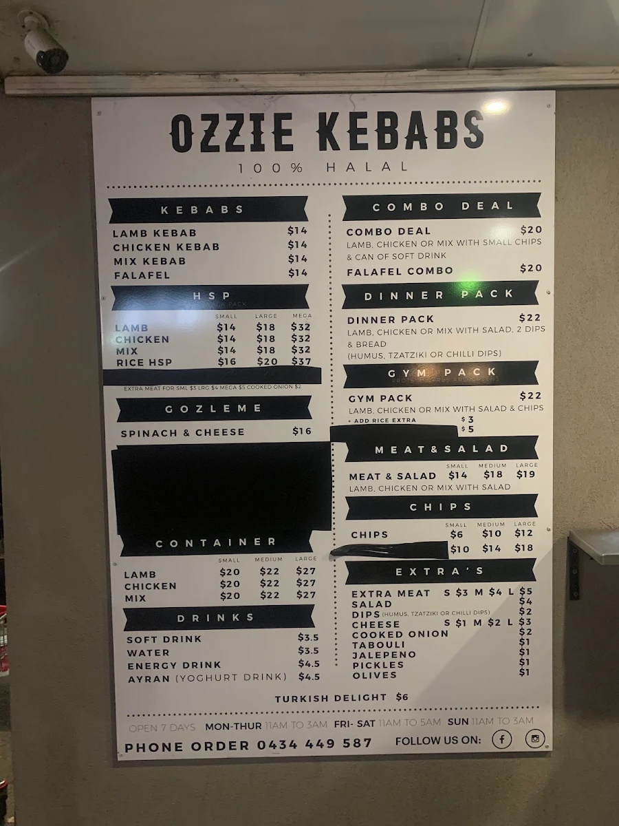 Menu, Ozzie Kebabs