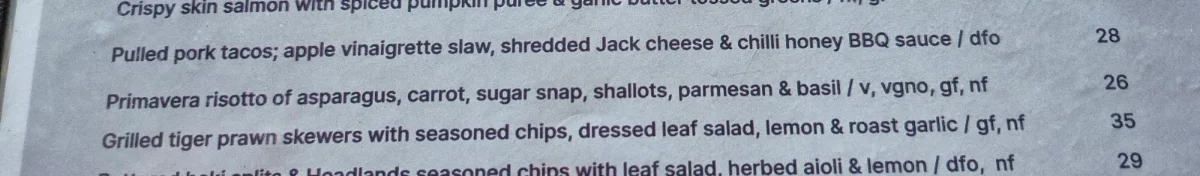 Menu, Headlands Hotel Brasserie & Bar Austinmer