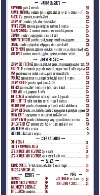 Menu, Johnny Gio’s Pizza Turramurra