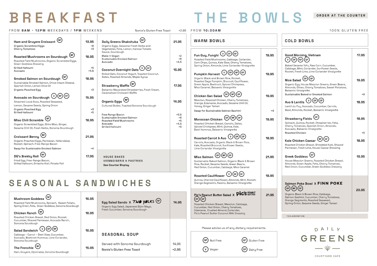 Menu, Daily Greens Paddington