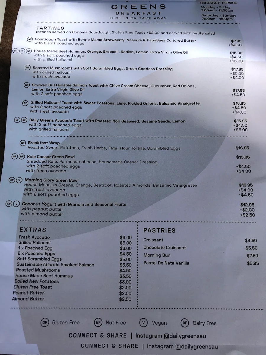 Menu, Daily Greens Paddington