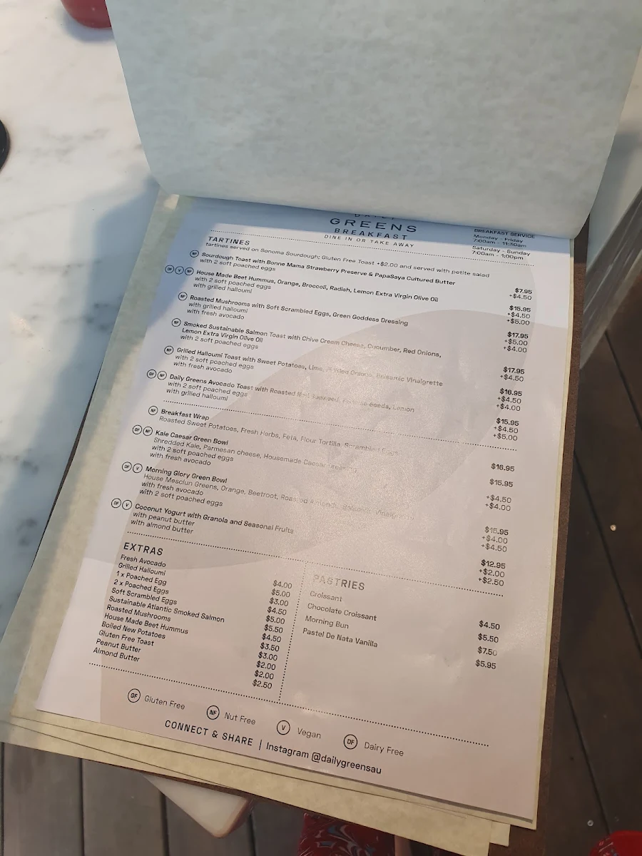 Menu, Daily Greens Paddington