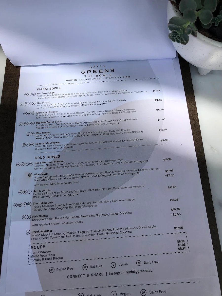 Menu, Daily Greens Paddington