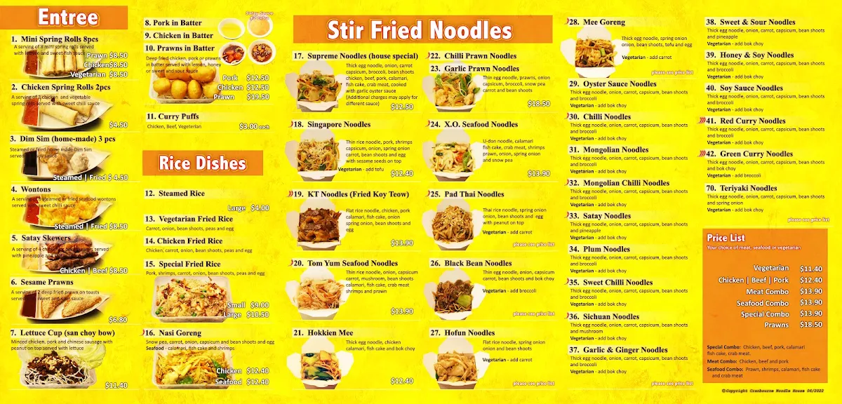 Menu, Cranbourne Noodle House