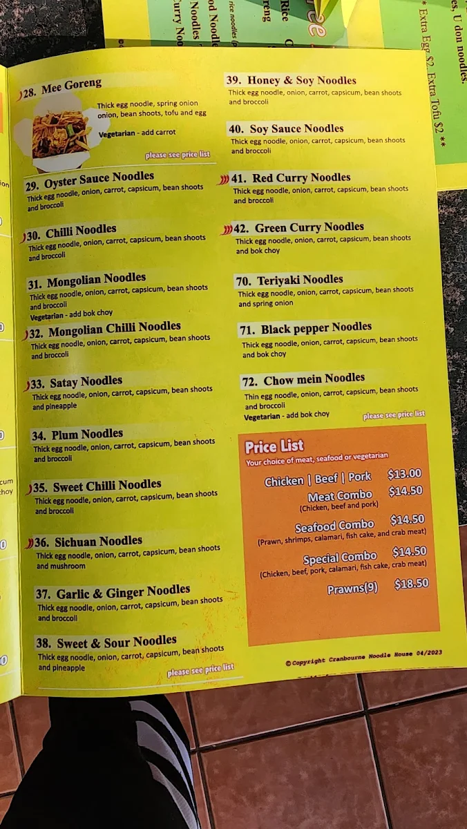 Menu, Cranbourne Noodle House