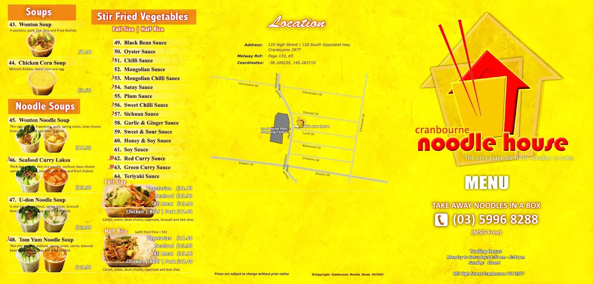 Menu, Cranbourne Noodle House
