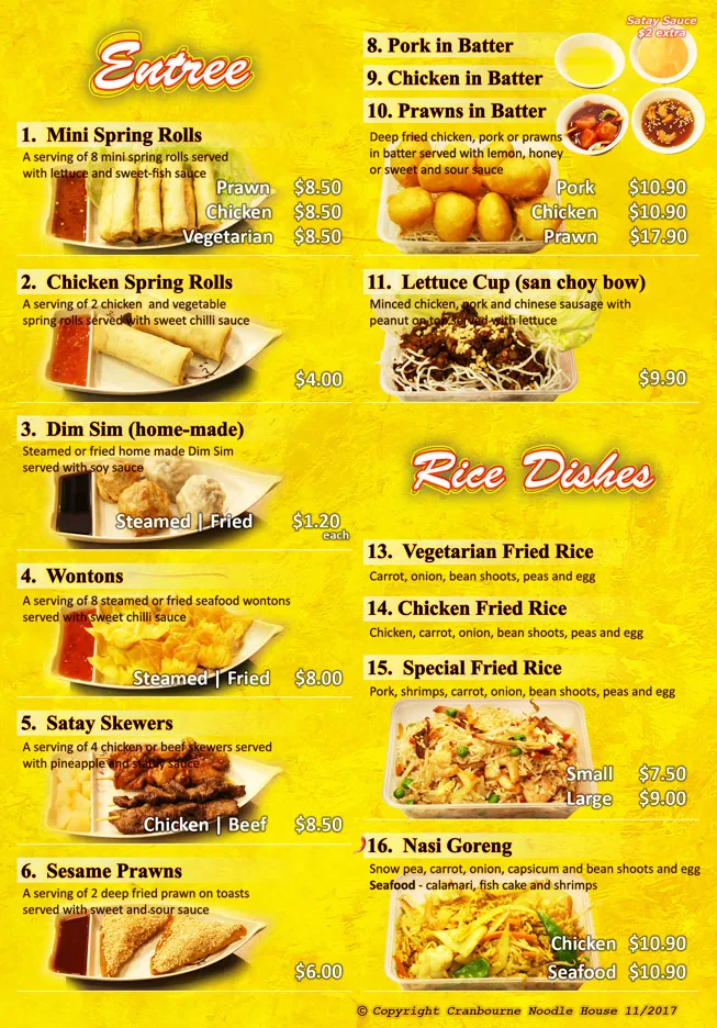 Menu, Cranbourne Noodle House