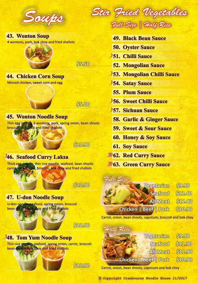 Menu, Cranbourne Noodle House