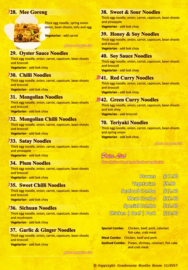 Menu, Cranbourne Noodle House