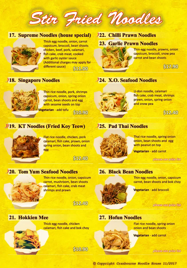 Menu, Cranbourne Noodle House