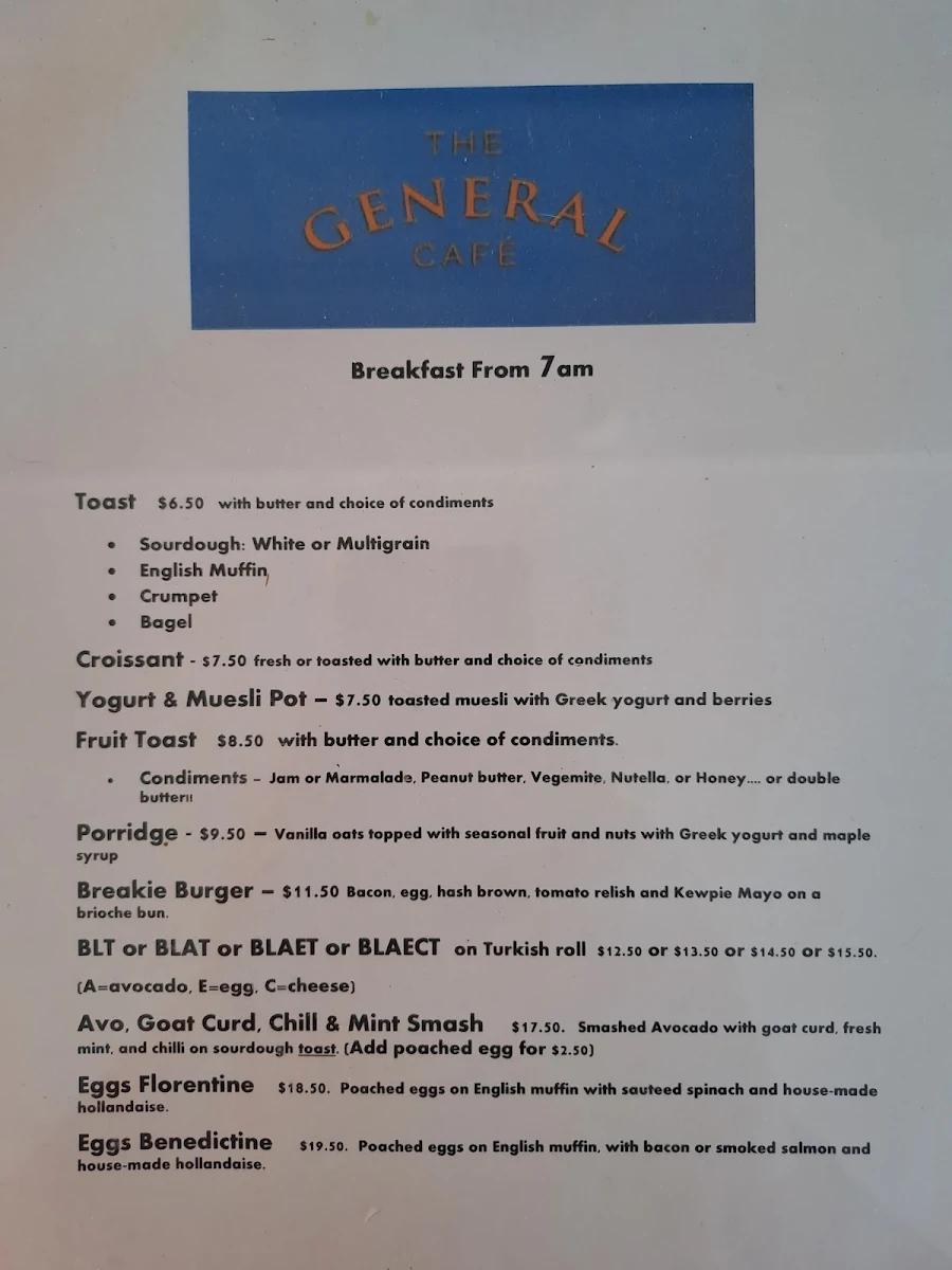 Menu, The General Cafe