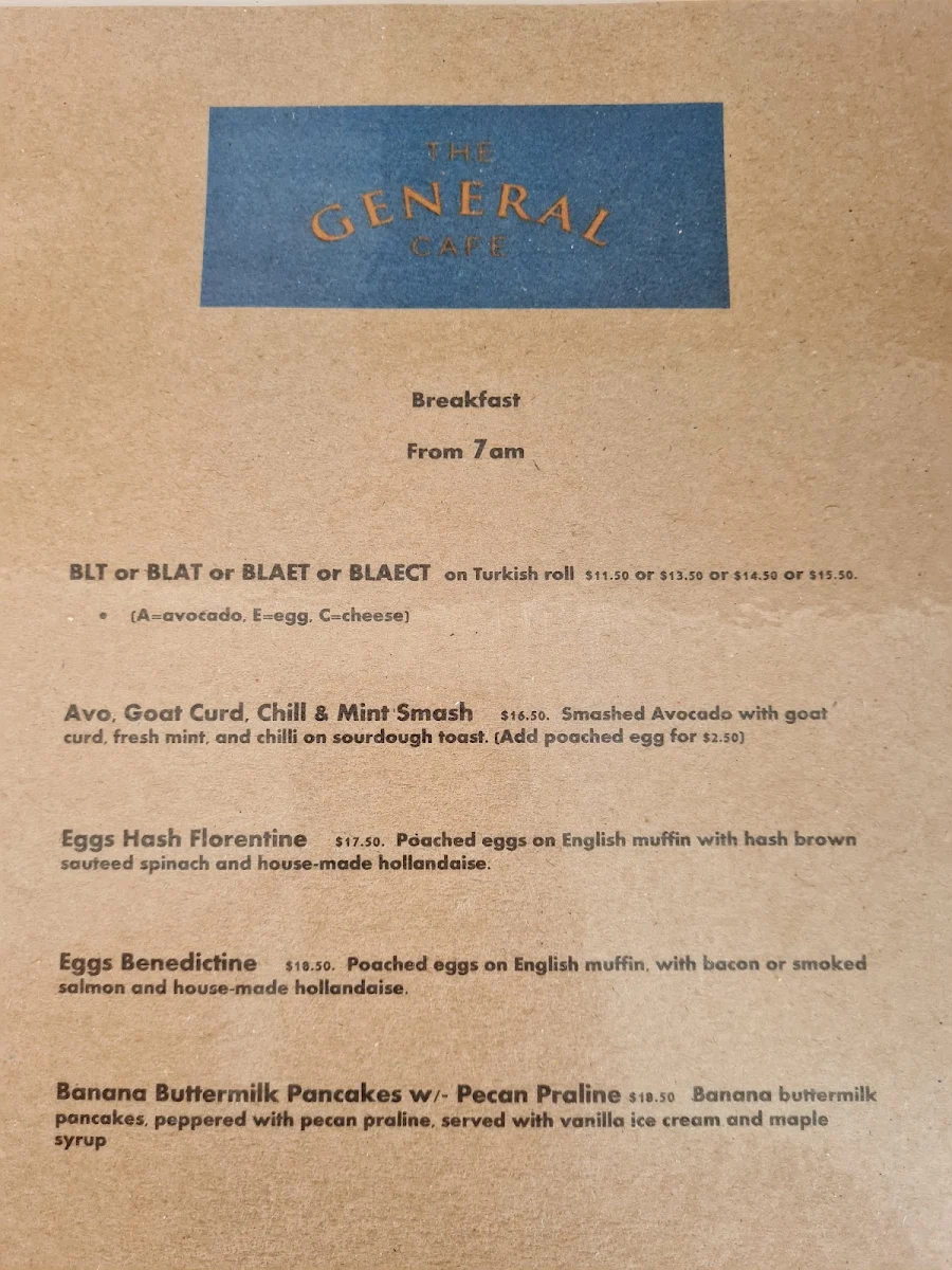 Menu, The General Cafe