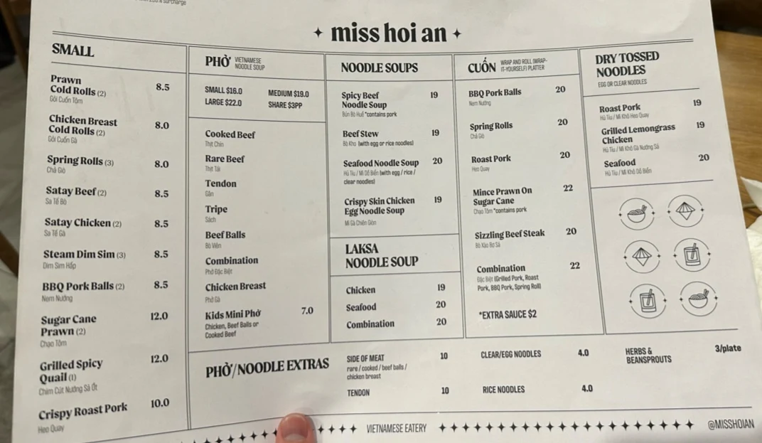 Menu, Miss Hoi An Vietnamese Eatery