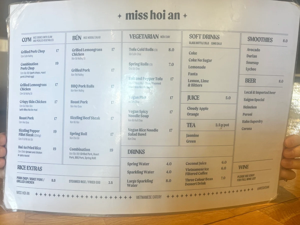 Menu, Miss Hoi An Vietnamese Eatery