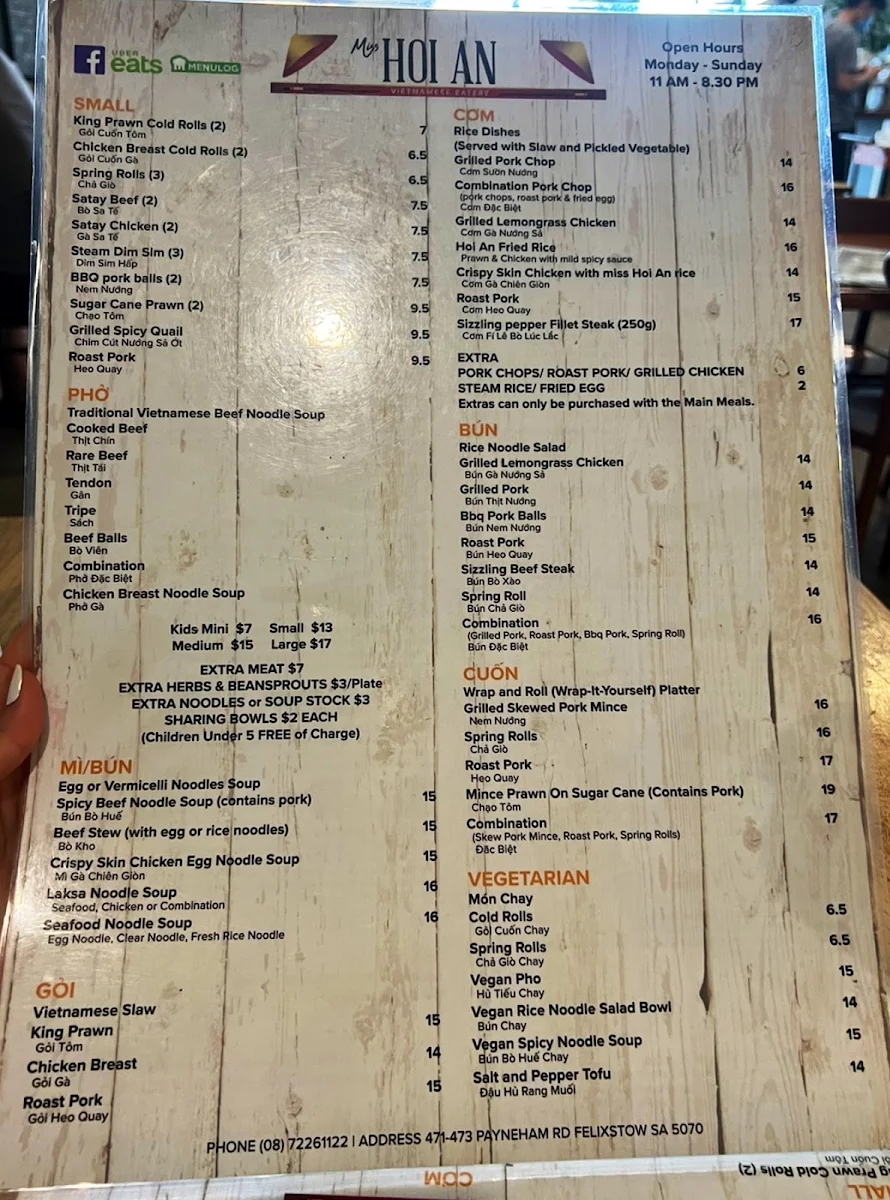 Menu, Miss Hoi An Vietnamese Eatery