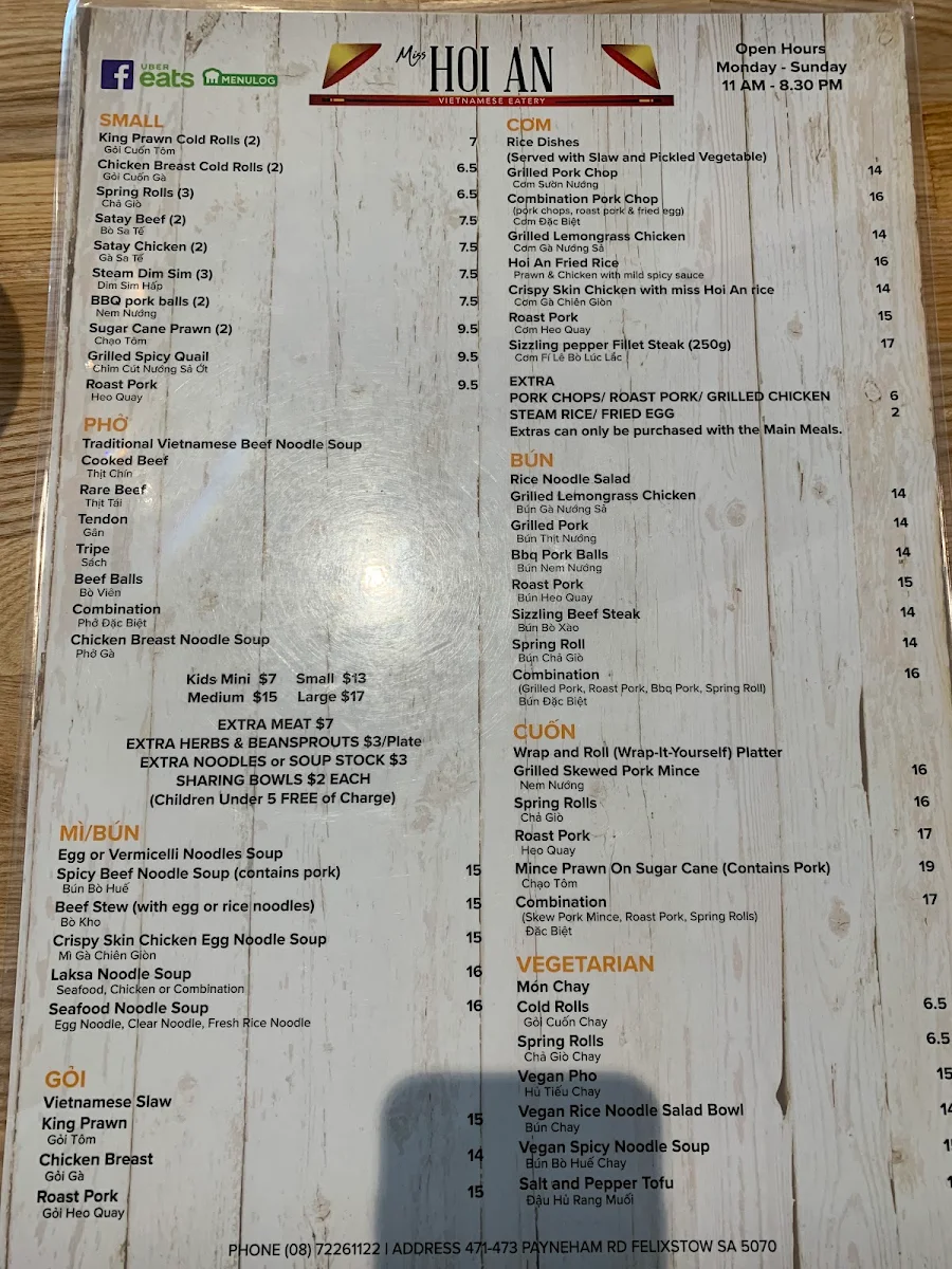Menu, Miss Hoi An Vietnamese Eatery