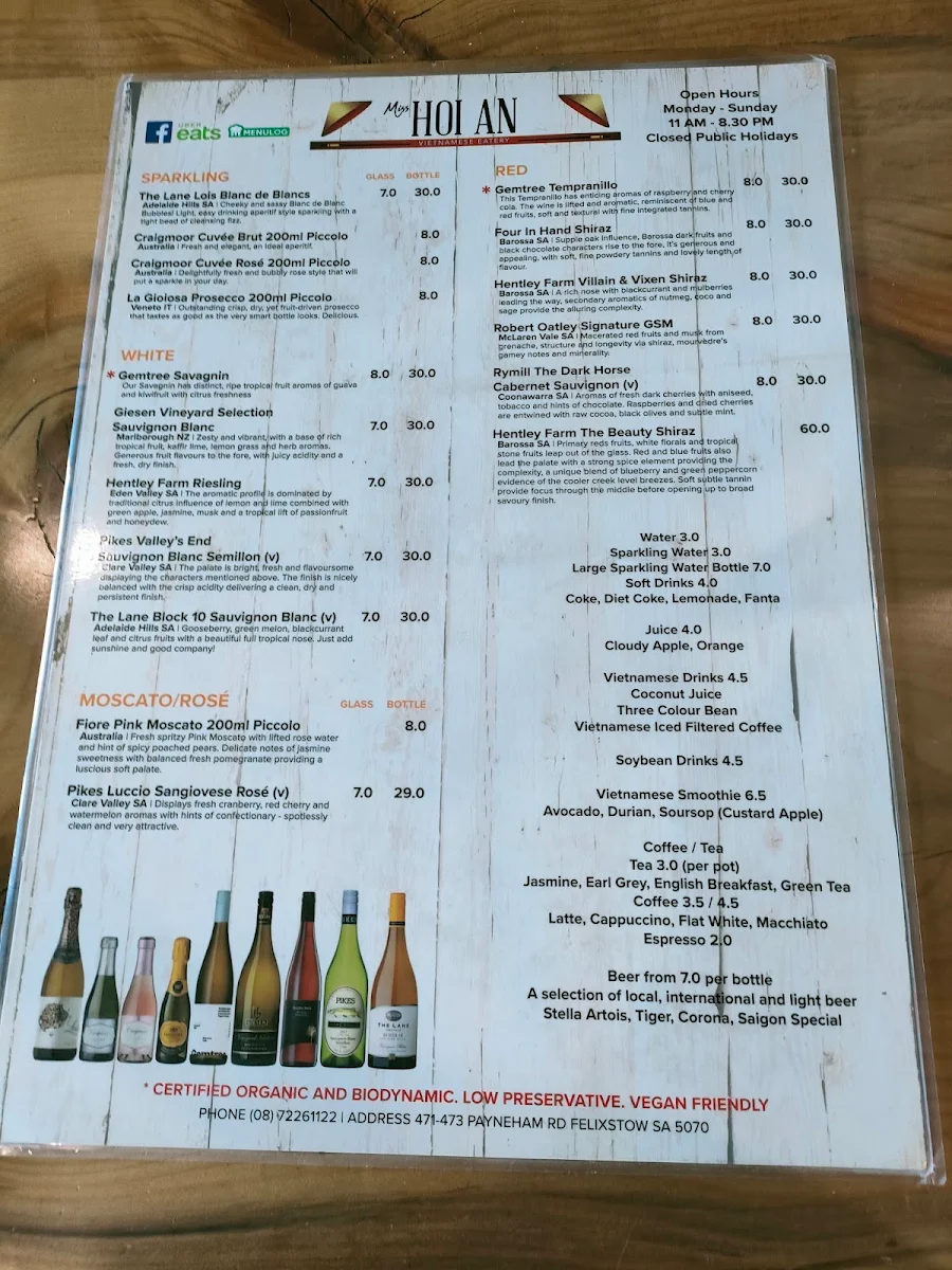 Menu, Miss Hoi An Vietnamese Eatery
