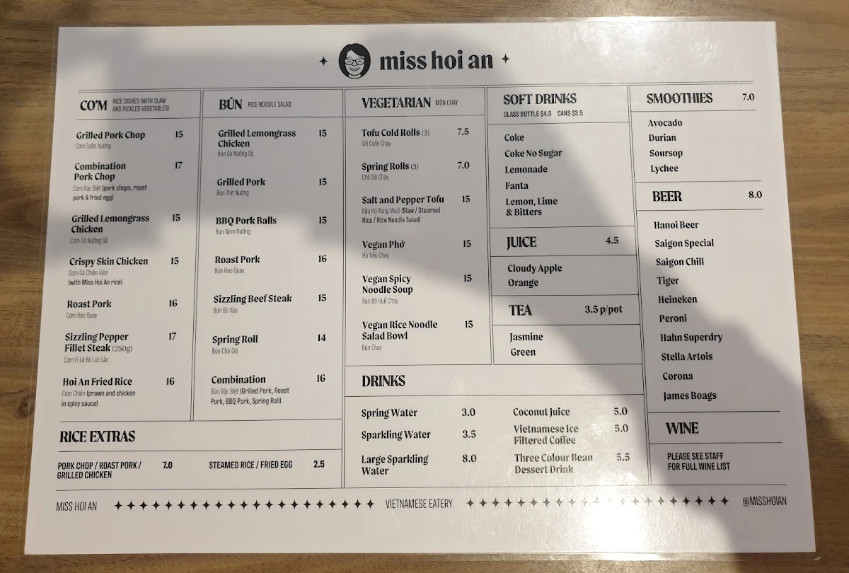 Menu, Miss Hoi An Vietnamese Eatery