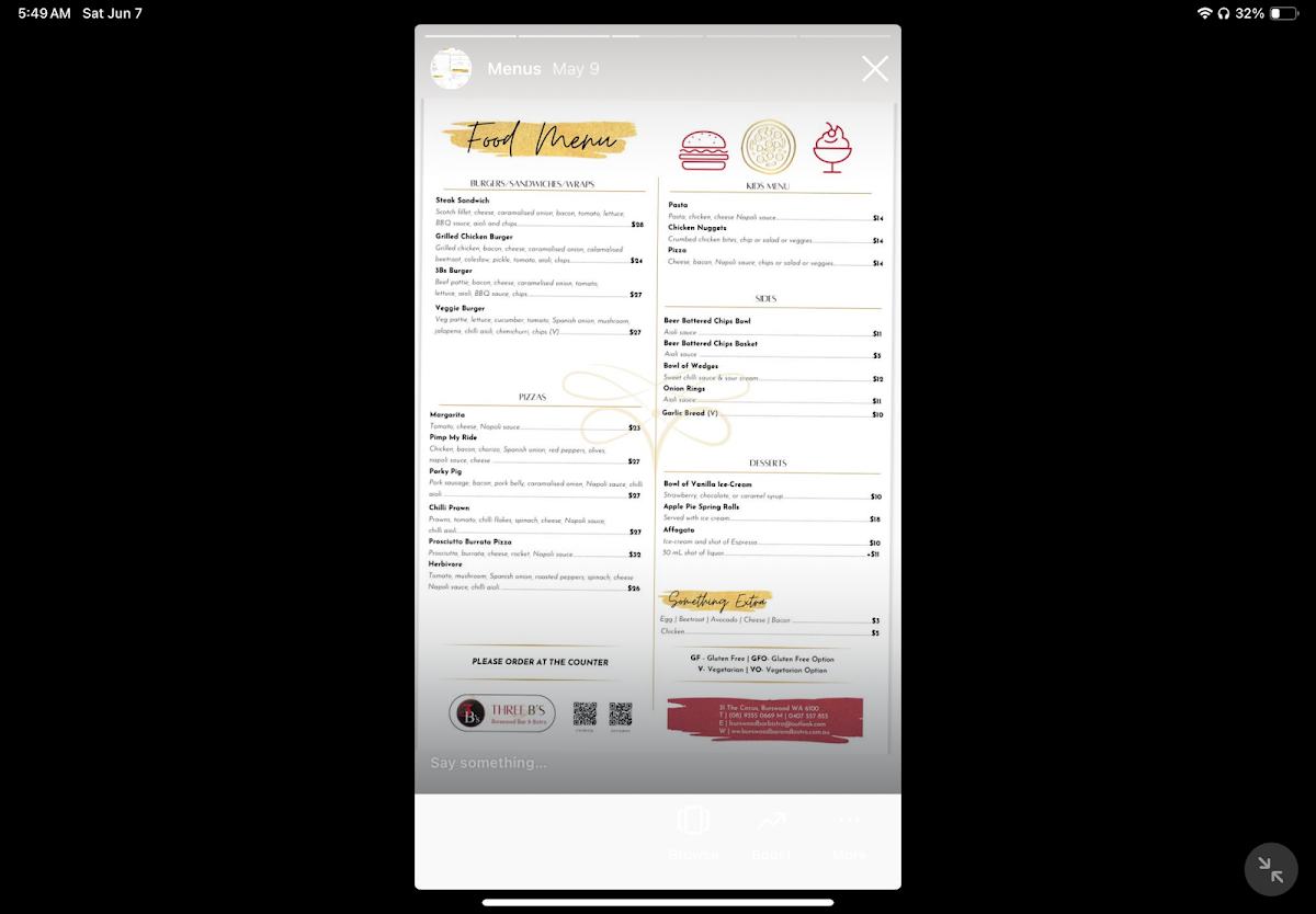 Menu, 3 B's Burswood Bar & Bistro