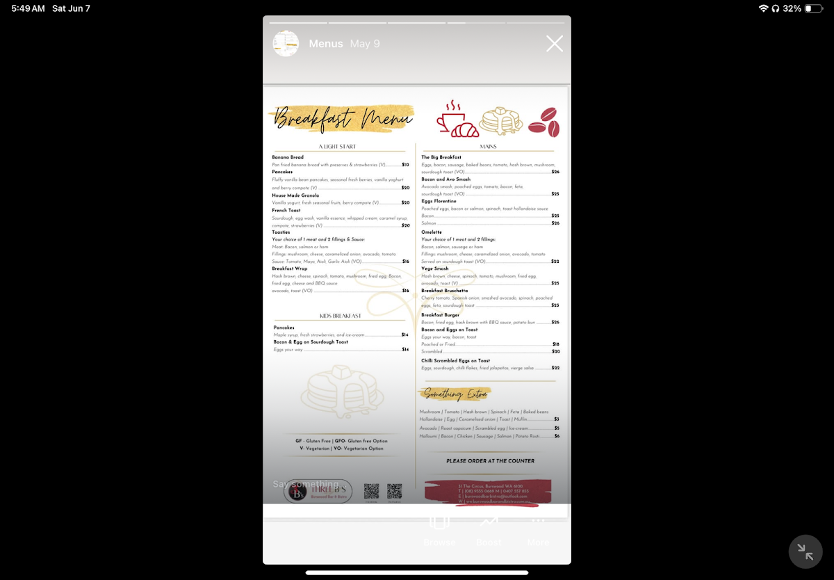 Menu, 3 B's Burswood Bar & Bistro