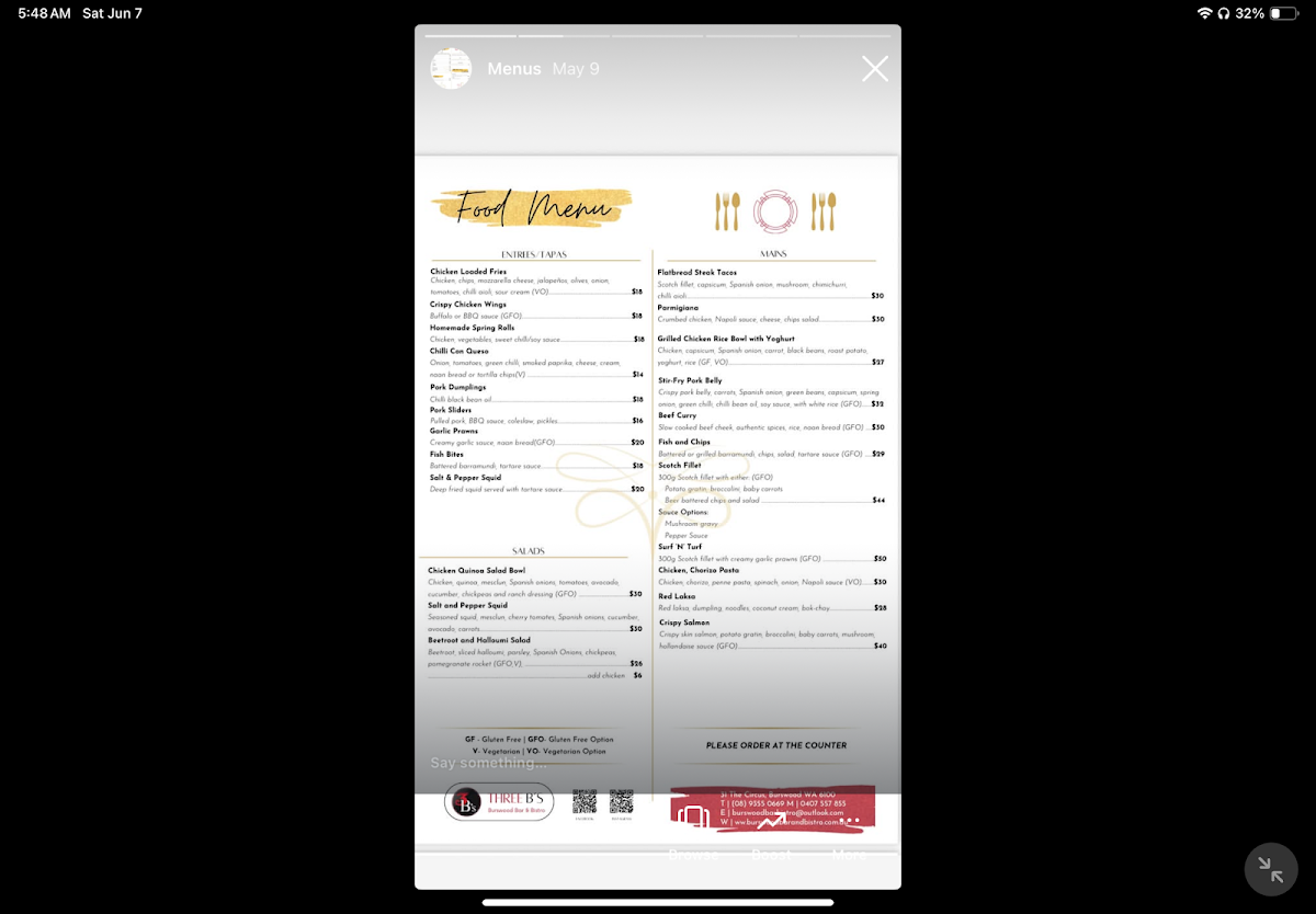 Menu, 3 B's Burswood Bar & Bistro