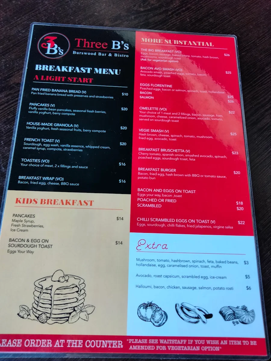 Menu, 3 B's Burswood Bar & Bistro