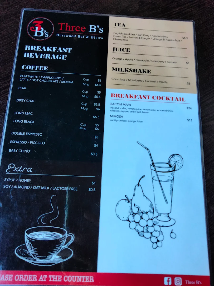 Menu, 3 B's Burswood Bar & Bistro