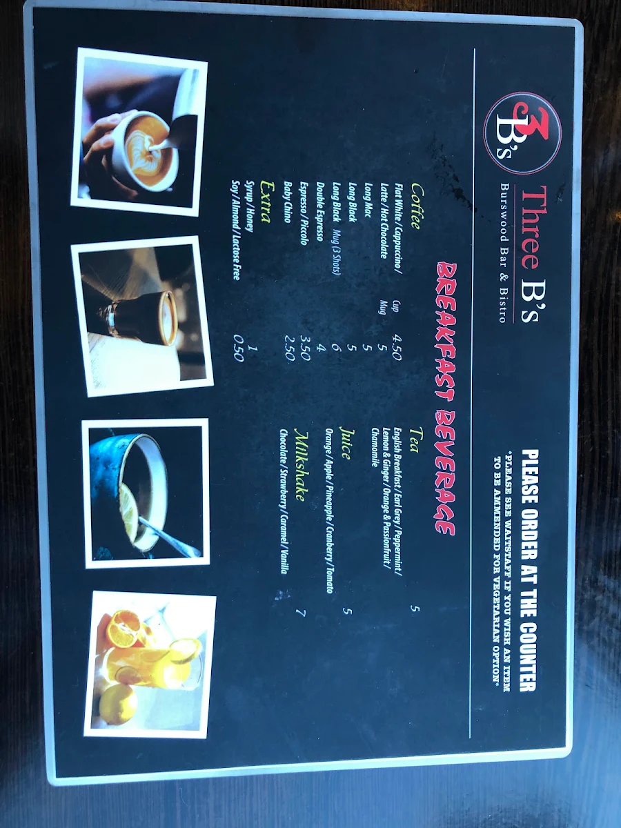Menu, 3 B's Burswood Bar & Bistro