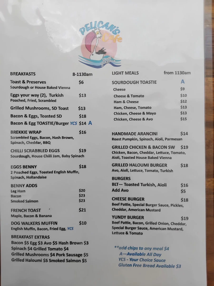 Menu, Pelican's Cafe