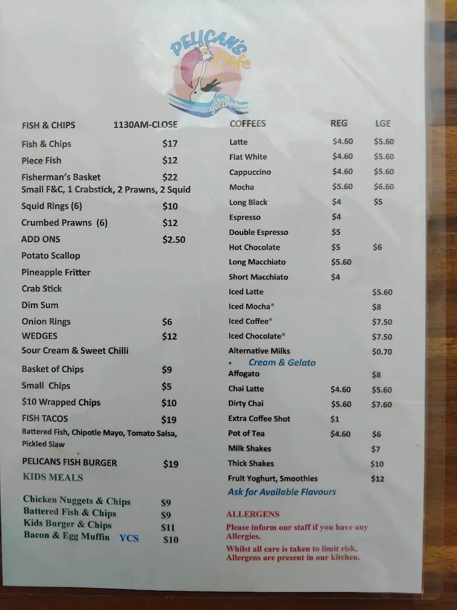 Menu, Pelican's Cafe