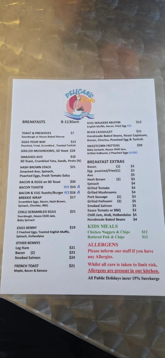 Menu, Pelican's Cafe