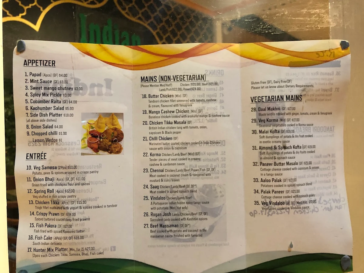Menu, Indian@Hunter Restaurant