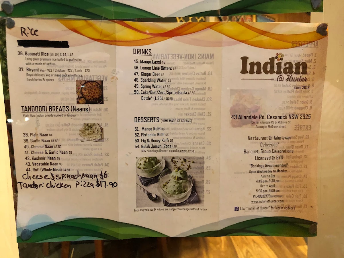 Menu, Indian@Hunter Restaurant