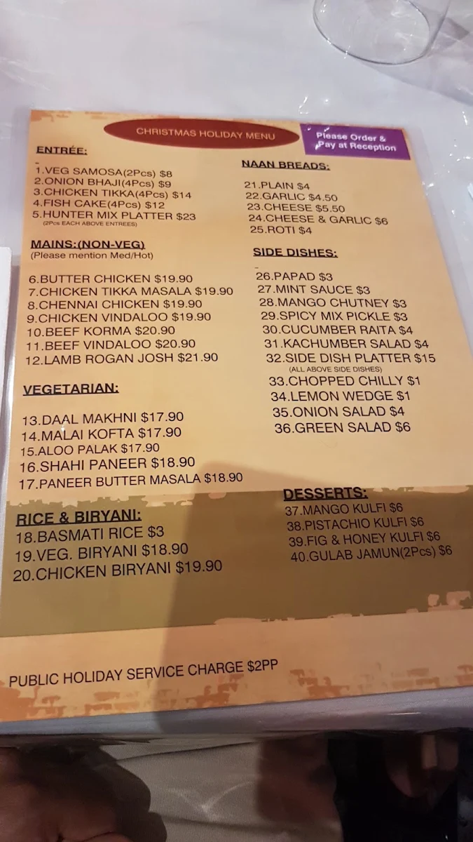 Menu, Indian@Hunter Restaurant