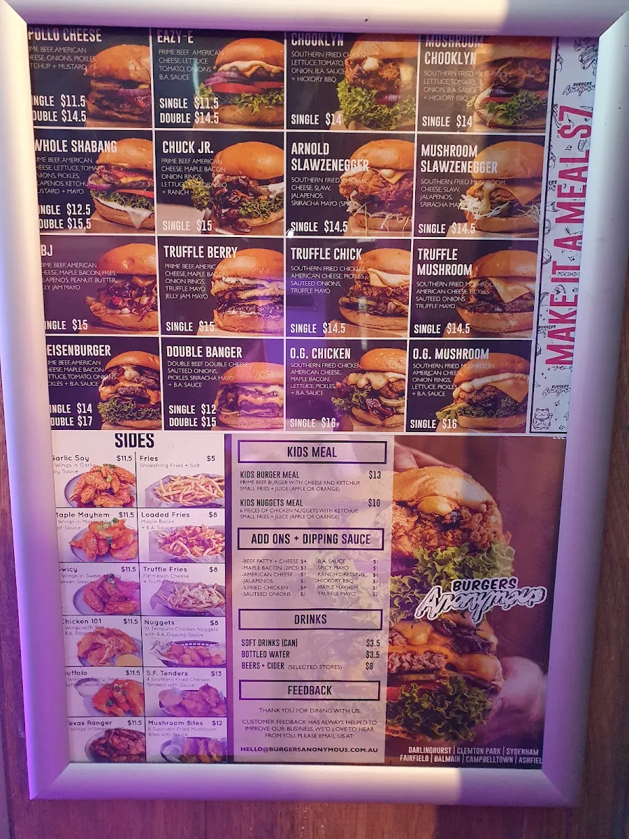 Menu, Burgers Anonymous x Tacos Anonymous (Ashfield)
