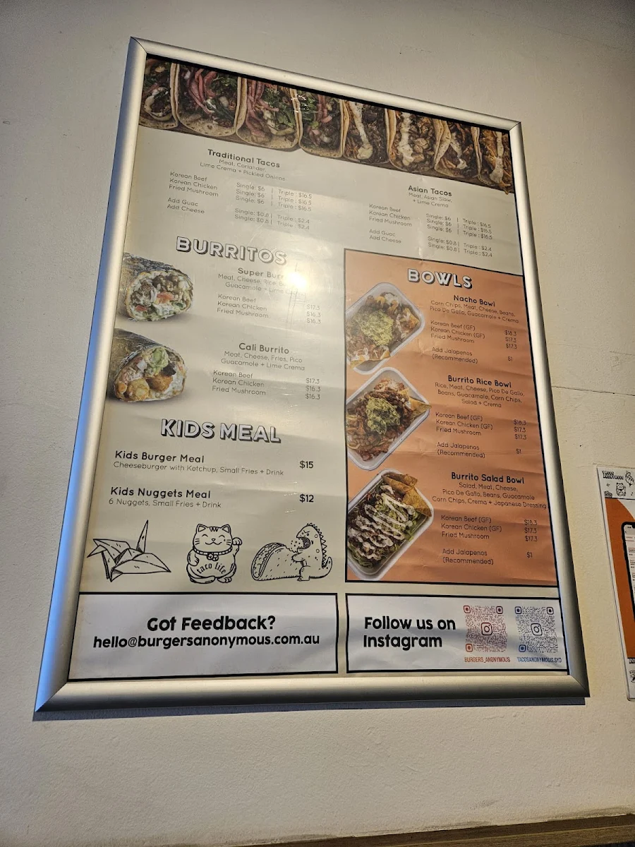 Menu, Burgers Anonymous x Tacos Anonymous (Ashfield)