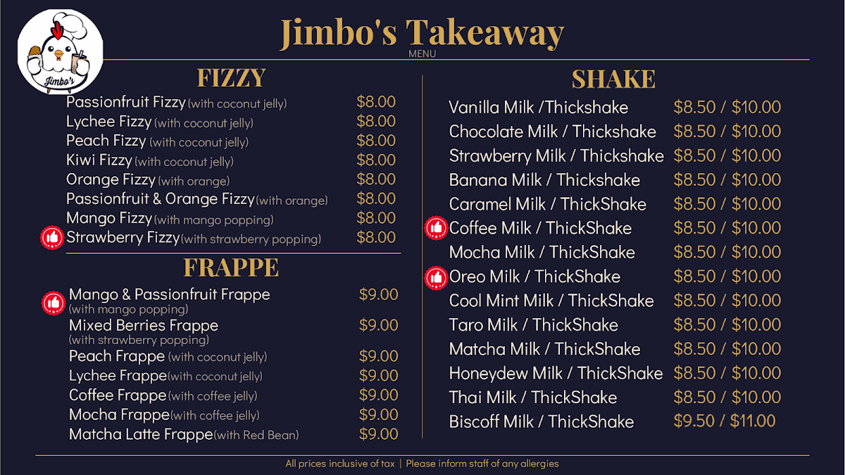 Menu, Jimbo's Takeaway
