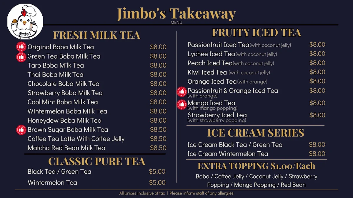Menu, Jimbo's Takeaway