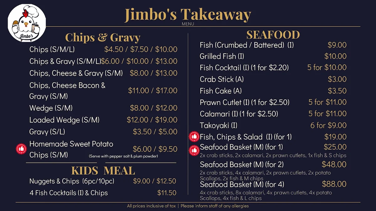 Menu, Jimbo's Takeaway