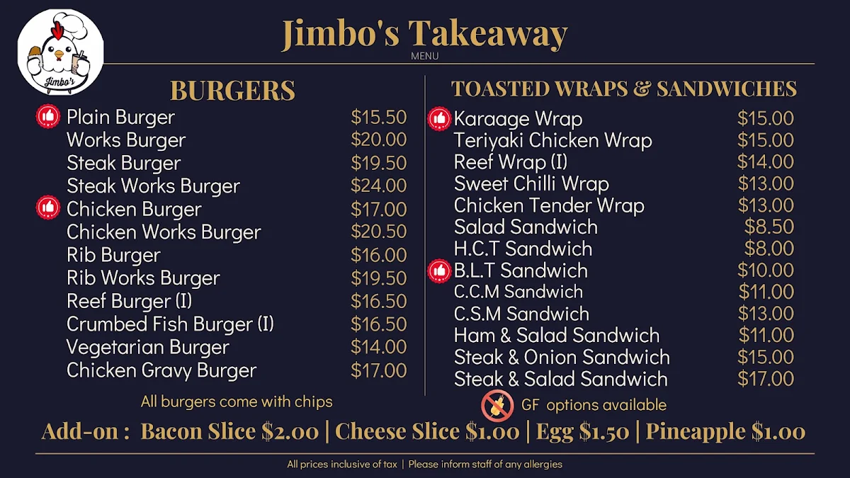 Menu, Jimbo's Takeaway