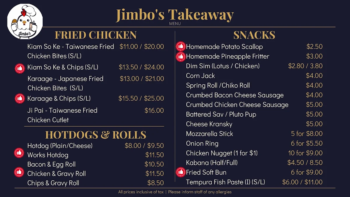 Menu, Jimbo's Takeaway