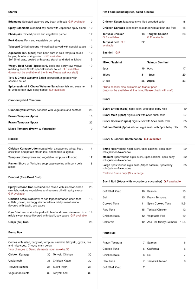 Menu, Mr Sushi King