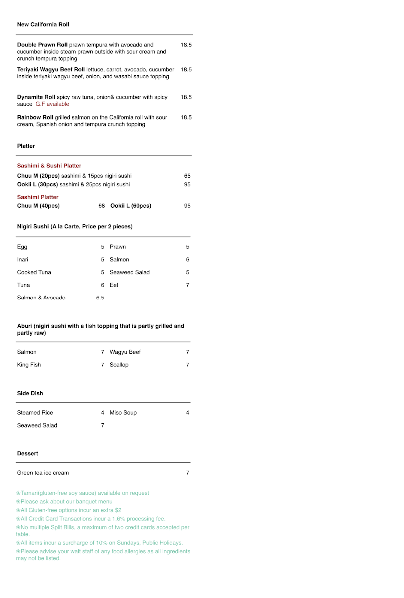 Menu, Mr Sushi King