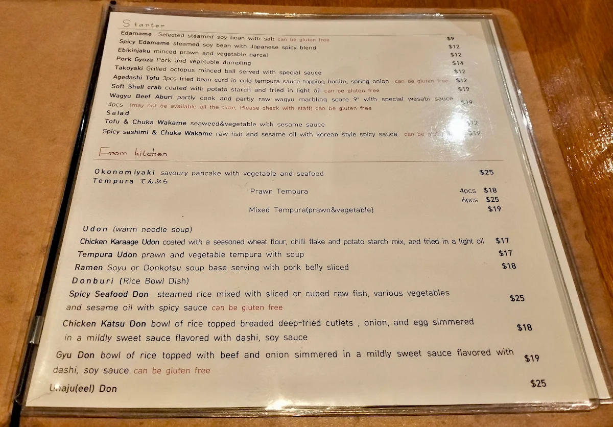 Menu, Mr Sushi King