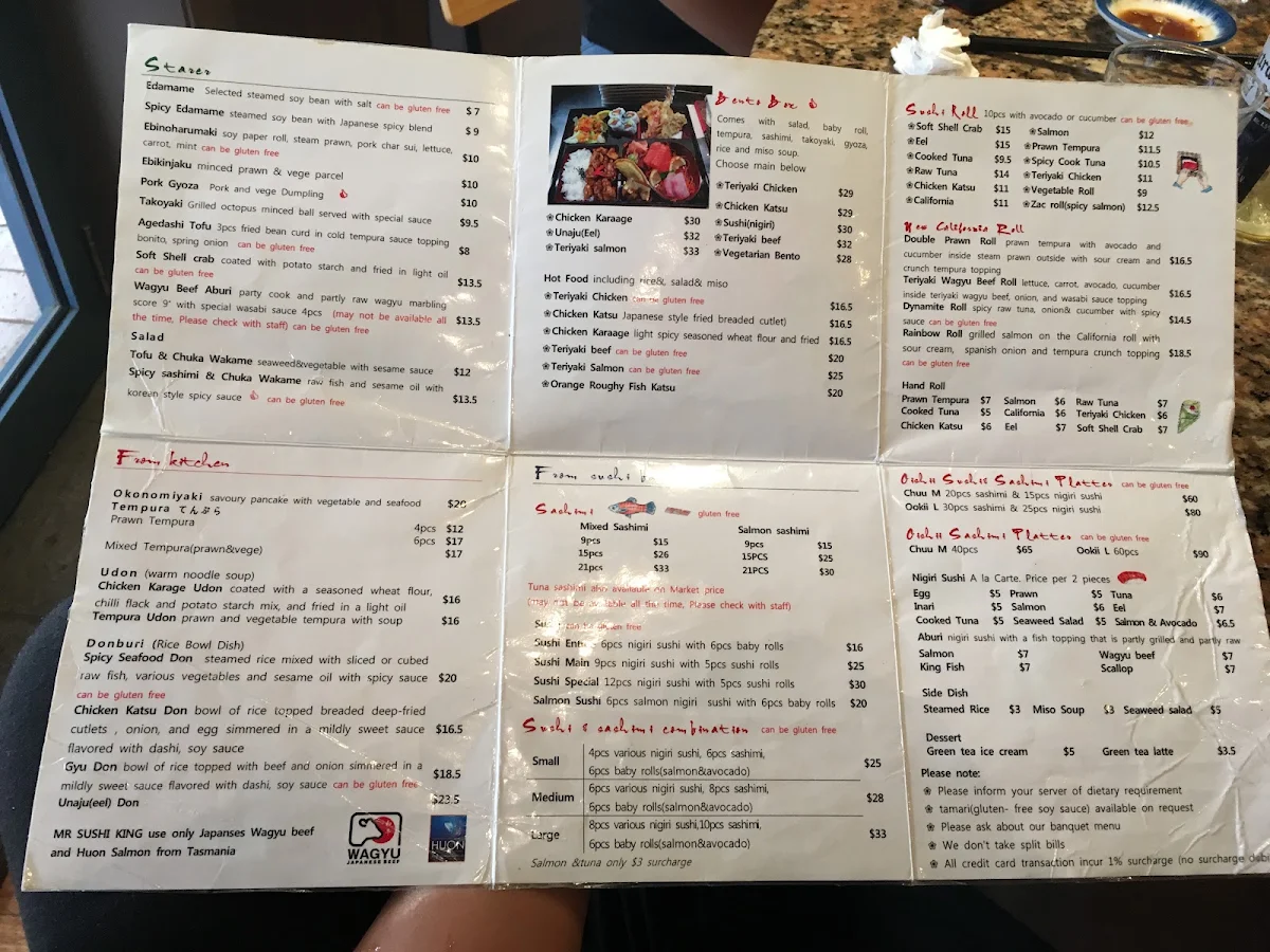 Menu, Mr Sushi King