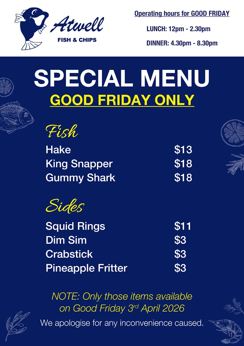 Menu, Atwell Fish and Chips